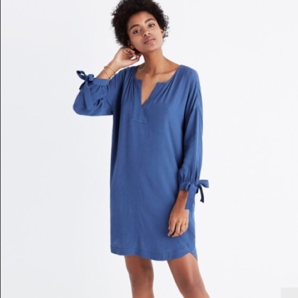 Madewell Blue Du Jour Tie Sleeve Tunic T Shirt Dress Long Sleeve Sz XS
